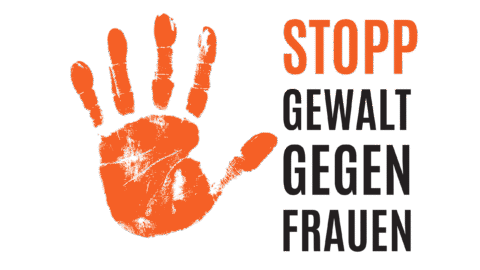 Auf einer weißen Kachel ist der Handabdruck einer Hand in orange, daneben steht: stopp Gewalt gegen Frauen
