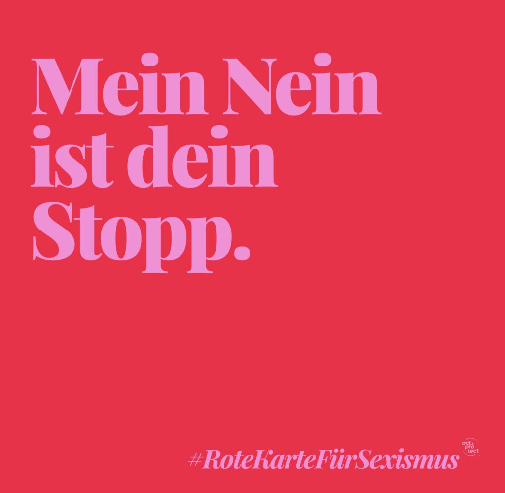 Auf einem roten Hintergrund steht in Pinker Schrift: Rote Karte für Sexismus