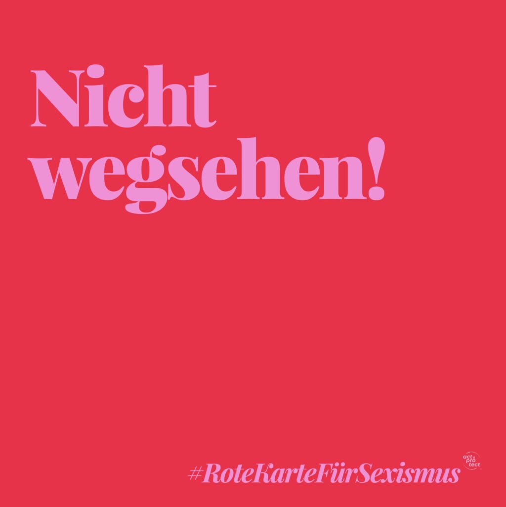 Auf einem roten Hintergrund steht in Pinker Schrift: Rote Karte für Sexismus