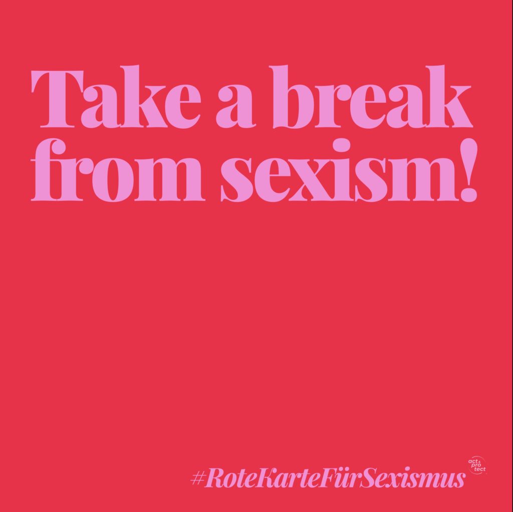 Auf einem roten Hintergrund steht in Pinker Schrift: Rote Karte für Sexismus