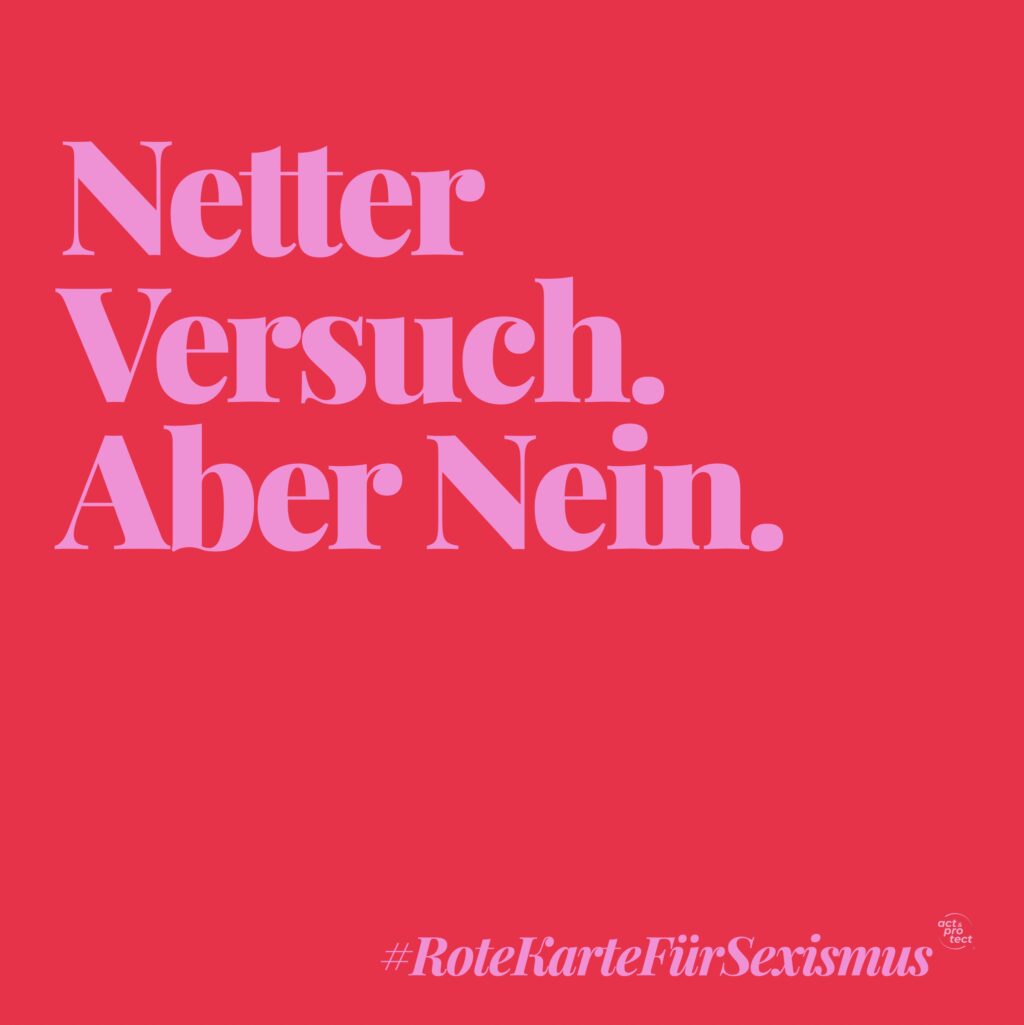 Auf einem roten Hintergrund steht in Pinker Schrift: Rote Karte für Sexismus