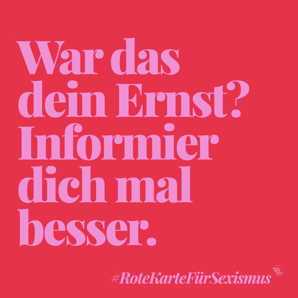 Auf einem roten Hintergrund steht in Pinker Schrift: Rote Karte für Sexismus