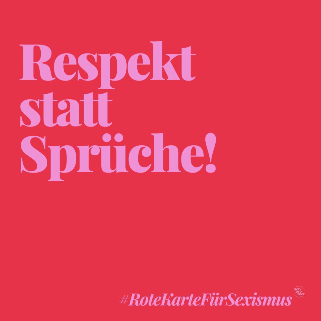 Auf einem roten Hintergrund steht in Pinker Schrift: Rote Karte für Sexismus