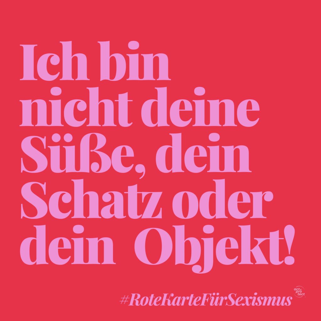 Auf einem roten Hintergrund steht in Pinker Schrift: Rote Karte für Sexismus