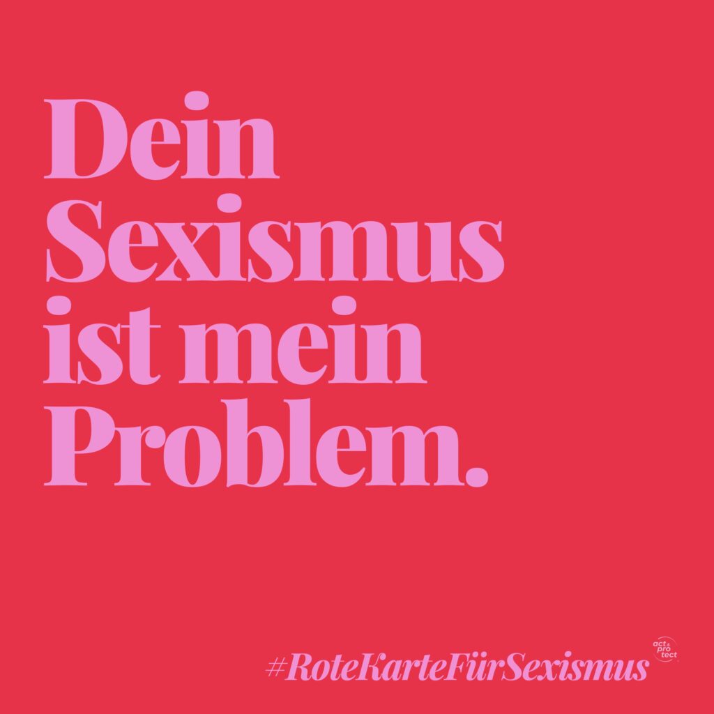 Auf einem roten Hintergrund steht in Pinker Schrift: Rote Karte für Sexismus