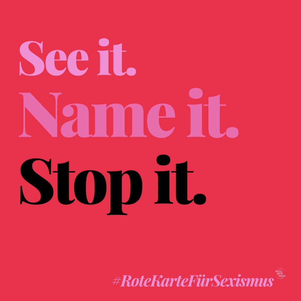 Auf einem roten Hintergrund steht in Pinker Schrift: Rote Karte für Sexismus