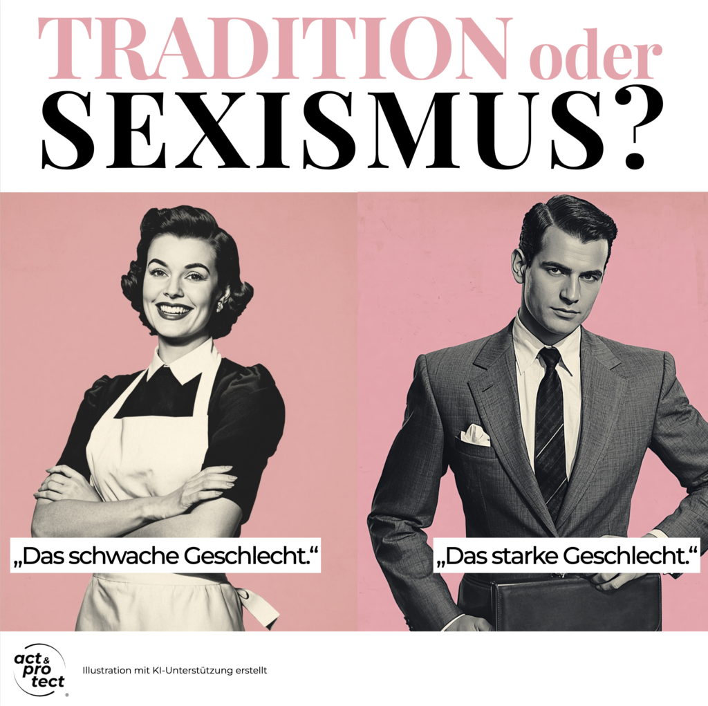 Das Bild zeigt links eine Frau in Schürze und rechts einen Mann im Anzug. Darüber steht: Tradition oder Sexismus?
